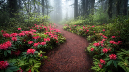 A misty forest path leading deeper into a dense fog-covered woodland.の素材