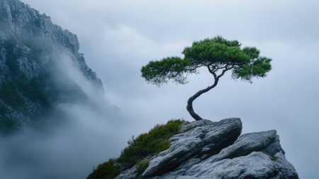 A lone pine tree standing on a foggy mountainside, surrounded by thick mist.の素材
