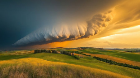 A rural countryside beneath a stormy sky, with low-hanging clouds touching the distant hills.の素材