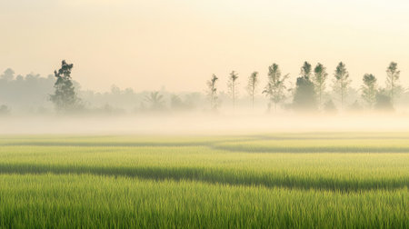 A peaceful rice field covered in morning fog, with scattered trees barely visible in the hazy background.の素材