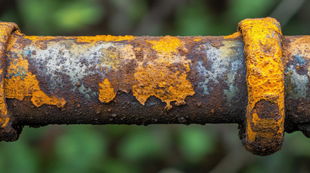 A metal pipe covered in thick orange rust, with oxidation lines forming intricate patterns.の素材