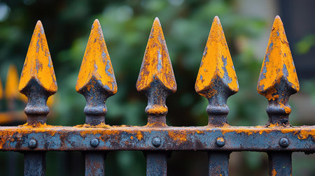 A rusted iron fence with bright orange rust, creating an aged and weathered look.の素材