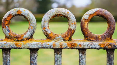 A rusted metal fence with peeling layers of orange rust, forming natural patterns.の素材