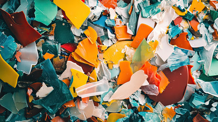 A pile of mixed recycled plastic fragments, showing the variety and potential for reuse in creating new materials.の素材