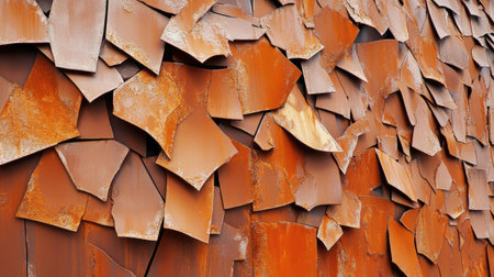 A rusted industrial iron wall with deep oxidation and flaking surfaces, creating a bold texture.の素材