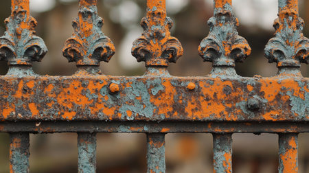 A rusted iron fence with bright orange rust, creating an aged and weathered look.の素材