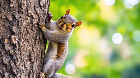 A playful squirrel scurrying up a tree trunk, with its tiny paws gripping the bark.の素材