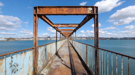 A rusted iron framework with bold orange rust streaks forming natural corrosion lines.の素材