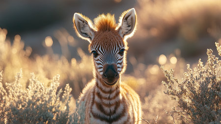 A small baby zebra standing in the tall grass, with its striped coat and big, curious eyes.の素材