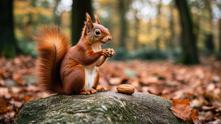 A squirrel sitting on a rock in a forest, holding a nut between its paws, looking content.の素材