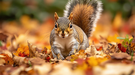 A squirrel darting through the fallen leaves on the forest floor, its fur blending with the autumn colors.の素材