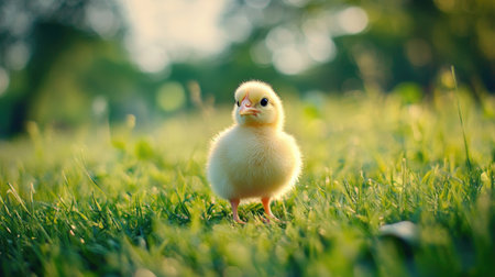 A small, fluffy chick standing in the middle of a grassy field, surrounded by nature's soft tones.の素材