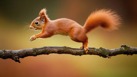 A squirrel making its way across a tree branch, its small paws gripping the bark tightly.の素材