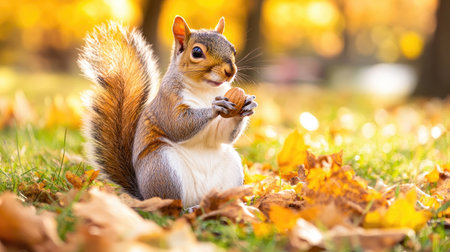 A squirrel sitting in the grass, surrounded by fallen leaves, with a nut held firmly in its paws.の素材
