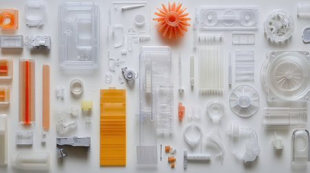 A shot of PC plastic pieces arranged artistically, showcasing various shapes and sizes with a neutral background.の素材