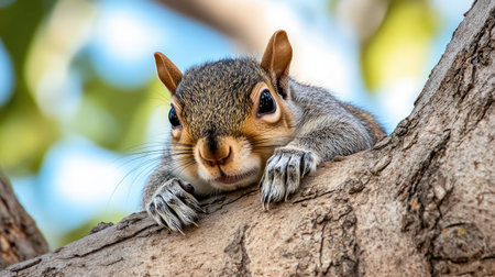 A squirrel resting on a tree branch, looking down curiously, its eyes wide and alert.の素材