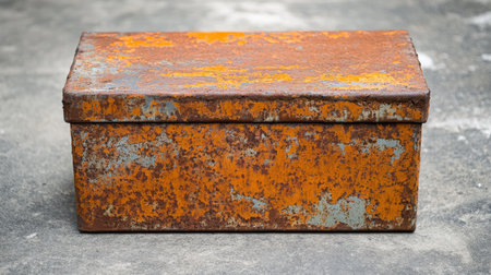 A steel box with visible rust streaks, showing the effects of time and exposure to the elements.の素材