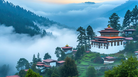 Fog drifting over a remote mountain monastery, with its silhouette barely visible through the dense mist.の素材