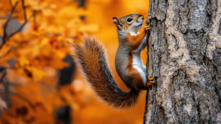 A squirrel climbing a tree, with its bushy tail swaying in the breeze as it ascends.の素材