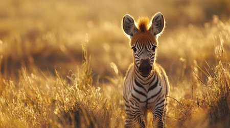 A small baby zebra standing in the tall grass, with its striped coat and big, curious eyes.の素材