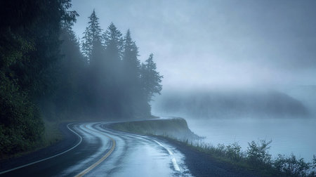 A wet road curving along a foggy lakeshore, its surface reflecting the dim light.の素材