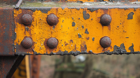 A weathered iron bridge with beams covered in orange rust, showing signs of age.の素材