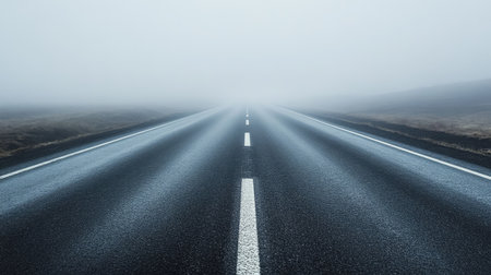 A straight highway vanishing into dense fog, with the road markings barely visible through the mist.の素材
