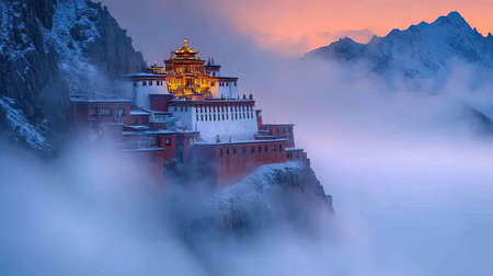 Fog drifting over a remote mountain monastery, with its silhouette barely visible through the dense mist.の素材