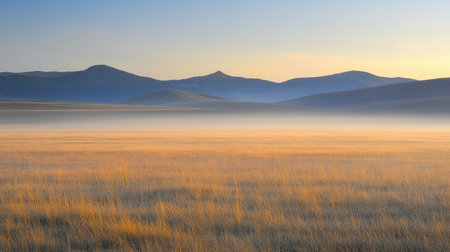 Fog drifting over a vast, empty field, with the faint outline of distant hills barely visible. The sky transitions from cool blues to warm golden hues as dawn breaks.の素材