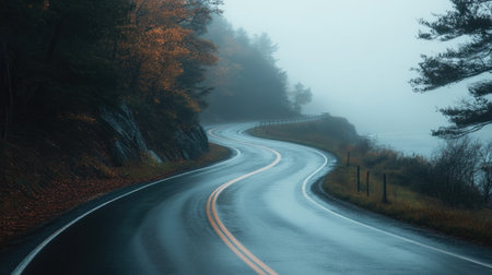A wet road curving along a foggy lakeshore, its surface reflecting the dim light.の素材