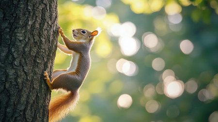 A squirrel climbing a tree, with its bushy tail swaying in the breeze as it ascends.の素材