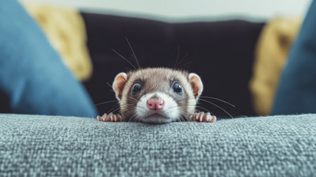 A tiny ferret peeking out from behind a couch, with its curious eyes and soft fur.の素材