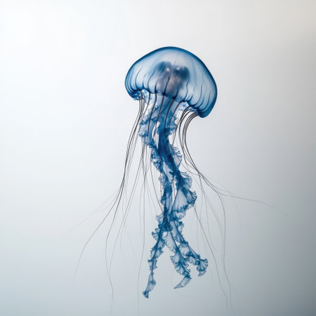 A blue jellyfish with soft, flowing tendrils, isolated on a white background, highlighting its natural movement.の素材