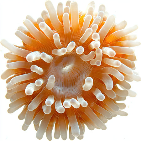 A close-up of an orange and white flowerpot coral, fully isolated on white to emphasize its delicate polyp extensions.の素材