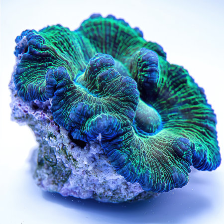 A close-up of a blue and green chalice coral with swirling patterns, fully isolated on a bright white background.の素材