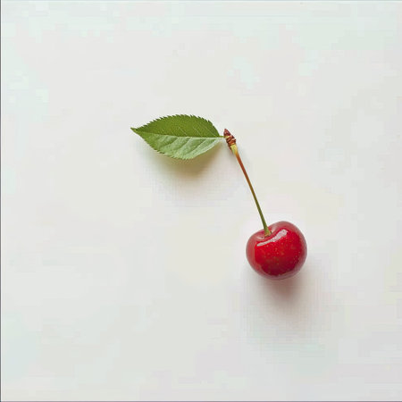 A close-up of a fresh cherry with a green leaf attached, isolated on white, perfect for fruit or healthy living themes.の素材