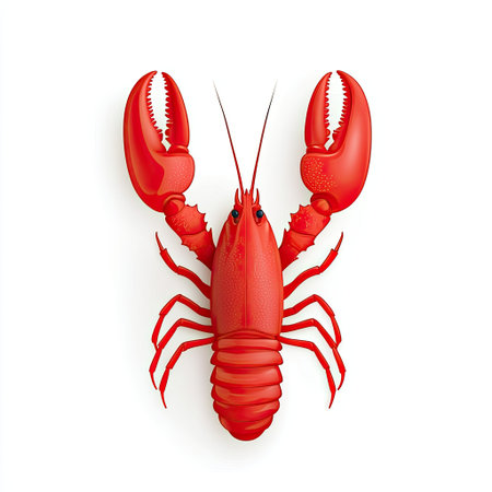 A bright red cooked lobster with curled tail and extended claws, fully isolated on white, ideal for seafood restaurant menus.の素材