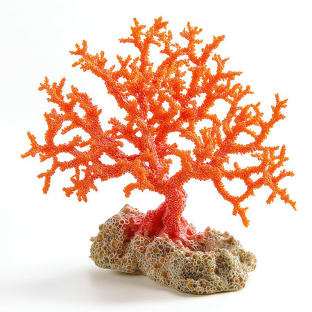 A branching tree coral with deep orange hues, isolated on white for an elegant and vibrant underwater visual.の素材