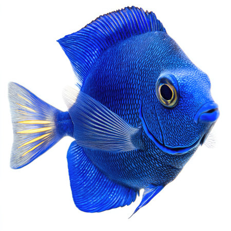 A close-up of a blue tang fish with vivid colors and smooth texture, fully isolated on a white background for high detail.の素材