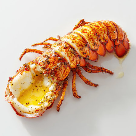 A cooked lobster tail served with melted butter, fully isolated on a clean white background, ideal for seafood branding.の素材