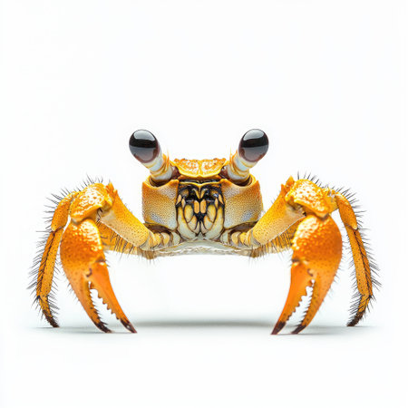A bright orange fiddler crab with one enlarged claw raised, isolated on a clean white background for clear wildlife visuals.の素材