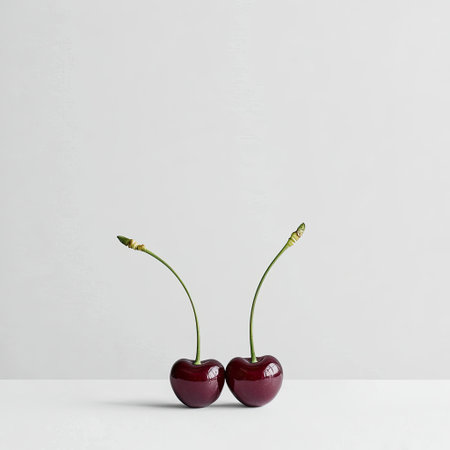 A close-up of a pair of cherries with their green stems, isolated on white, representing natural fruit beauty and taste.の素材