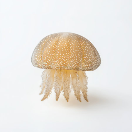A detailed macro shot of a jellyfish with a smooth, dome-like bell, isolated on a clean white background.の素材