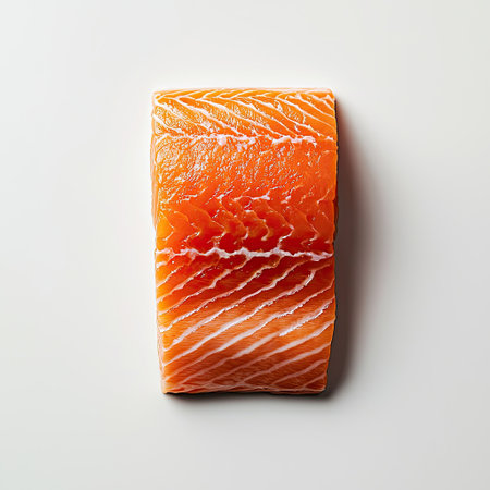 A fresh raw salmon fillet, complete with skin and vibrant pink flesh, isolated on a clean white background for food photography.の素材