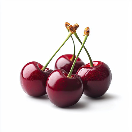A few cherries with bright red colors, isolated on a white background, evoking the freshness of summer.の素材