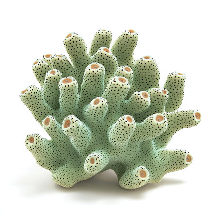 A green coral fragment with tiny polyps visible, isolated on a white background to emphasize its biological details.の素材
