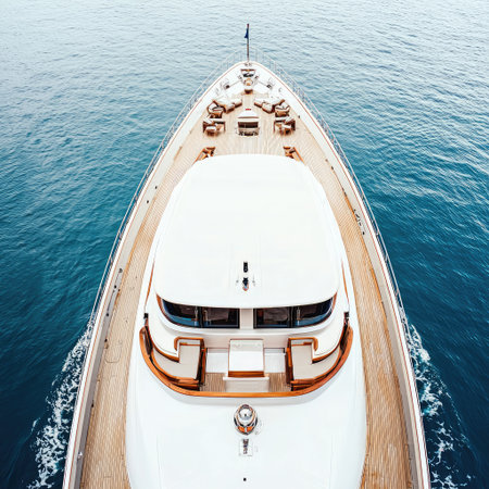 A luxury yacht with a panoramic view from the deck, isolated on white, ideal for showcasing a refined cruising experience.の素材