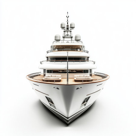A large luxury yacht with a stunning rear deck and stylish exterior, isolated on white, showcasing refined luxury living.の素材