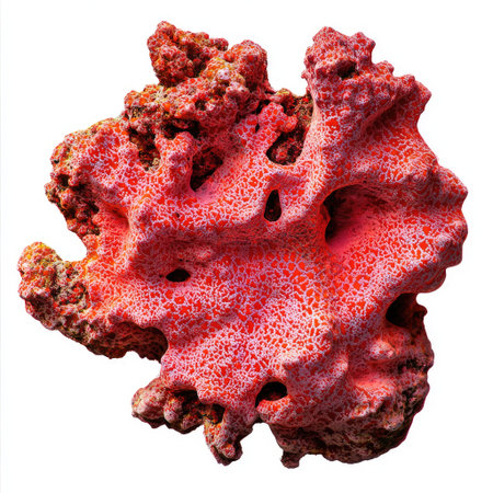 A piece of encrusting coral with rough texture and deep red tones, isolated on a white background for high-detail marine visuals.の素材