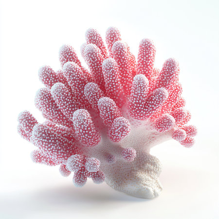 A realistic close-up of a pink and white cauliflower coral, fully isolated on a bright white background for high-detail underwater visuals.の素材